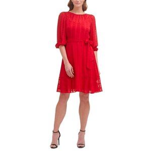 DKNY Size 8 Red Tie Sash Hem Pouf 3/4 Sleeve Above The Knee Fit & Flare Dress